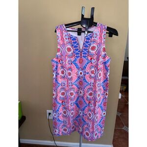 Talbots Womens Pink Blue Medallion Floral Split Neck Shift Dress Large NWT